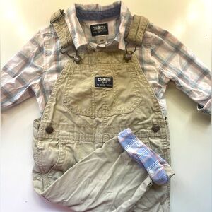 2 Piece Boy’s Oshkosh B’Gosh Tan Overalls and Long Sleeve Plaid Button Down